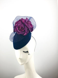 Navy Velvet Headpiece with Purple Roses