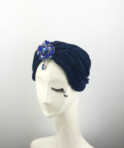 Navy Velvet Turban with Blue Jewels