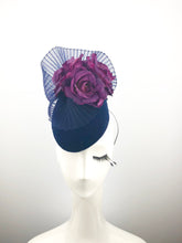 Navy Velvet Headpiece with Purple Roses
