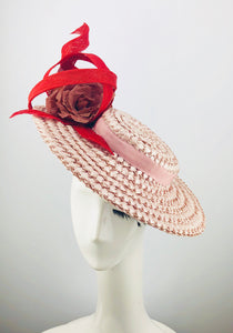 Pink Lacquered Straw Boater with Dusky Pink Flowers and Red Swirls