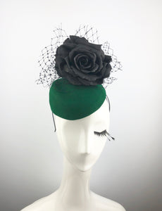 Deep Green Felt Headpiece with Black Roses