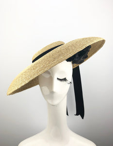 Natural Straw Hat with Black Ribbon and Flowers