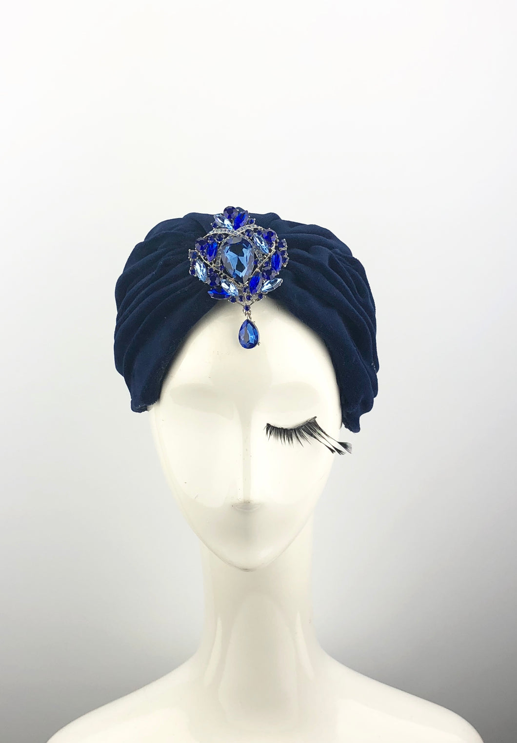 Navy Velvet Turban with Blue Jewels