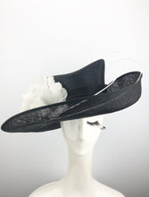 Black Sinamay Hat with White Feather Flowers