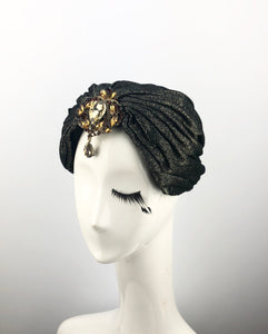 Gold and Black Turban with Orange Jewels
