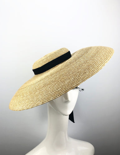 Natural Straw Hat with Black Ribbon and Flowers