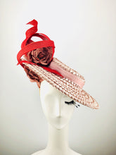 Pink Lacquered Straw Boater with Dusky Pink Flowers and Red Swirls