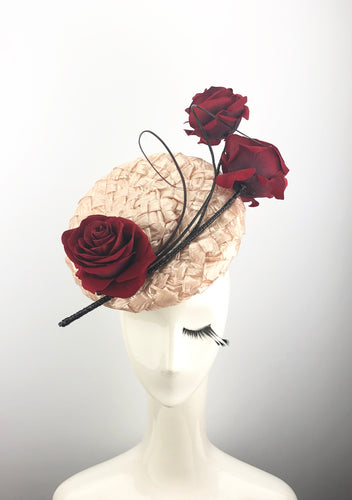 Pink Lacquered Straw Headpiece With Roses