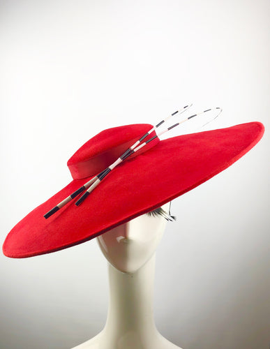 Red Felt Hat with Black and White Quill Accents