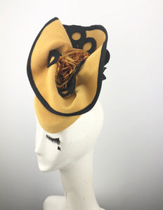 Yellow Felt Headpiece with Black Circles and Roses