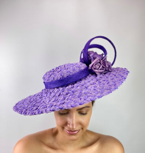 Purple Woven Braid Boater with Silk Flowers and Swirls