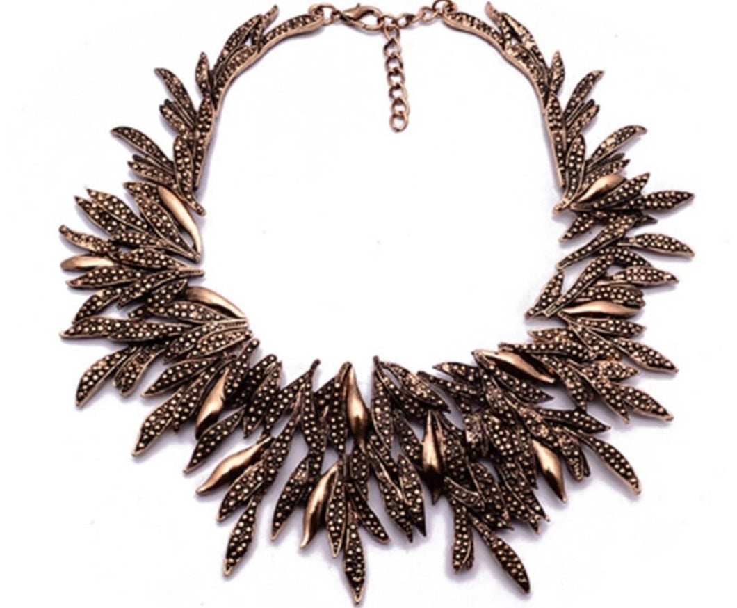Statement Leaves Necklace - Black, Old Gold & Silver