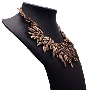 Statement Leaves Necklace - Black, Old Gold & Silver